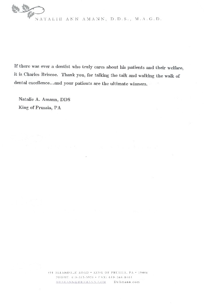 Dr. Charles Briscoe recommendation by Dr. Natalie Ann Amann, DDS