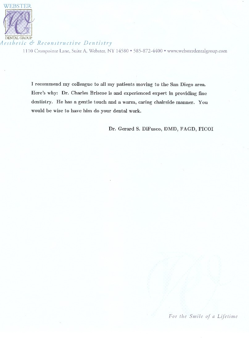 Dr. Charles Briscoe recommendation by Dr. Gerard S. DiFusco, DMD
