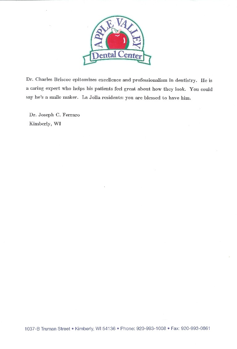 Dr. Charles Briscoe recommendation by Dr. Joseph C. Ferraro